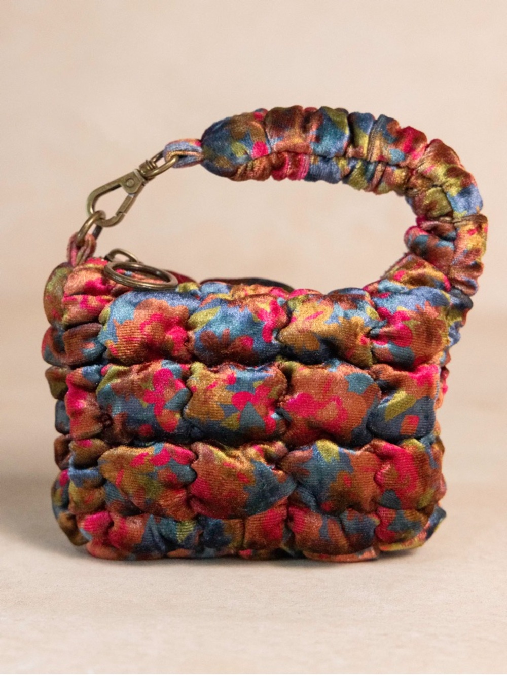 NWT Natural Life Puffy Velvet Mini Clip-On Pouch Teal Pink Floral Velvet